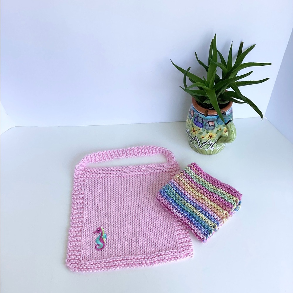 Baby Bib Set Hand Crafted Pink Knit Cotton Seahorse Colorful